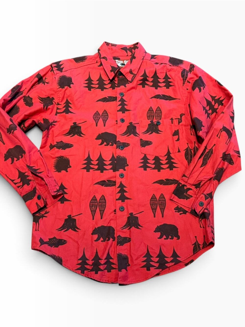 True Grit Men’s Small Long Sleeve Flannel Shirt Red Outdoor Motif